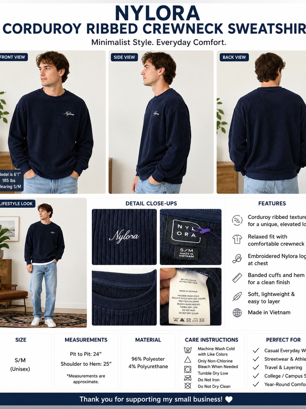 Nylora S/M Navy Blue Ribbed Crewneck Sweatshirt Pullover Logo